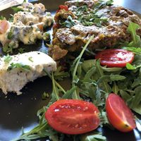 Amazing vegan omelette with cashew cheese   at Veganaki in Athens