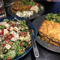 Gourmet salad, vegan omelette and pastitsiou at Veganaki in Athens