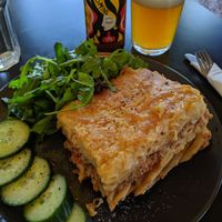 pastitsio and local beer at Veganaki in Athens