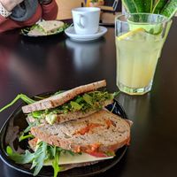 Me and my friend went half and half on the cheese and avocado sandwich, lovely! Cinnamonade is also a winner! at Veganaki in Athens