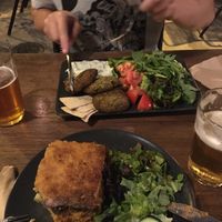 Mussaka and falafel. at Veganaki in Athens