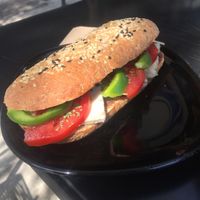 Greek sandwich, vegan feta, tapenade, tomatoes and green peppers  at Veganaki in Athens