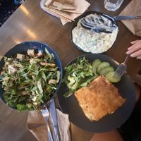 Moussaka, salad, tzatziki and pita  at Veganaki in Athens