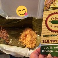 Vegan tamale with arroz y frijoles at Yvolina's Tamales in Chicago