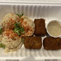 The potato salad and the giant tater tots with dill sauce. at Obon Shokudo in Portland