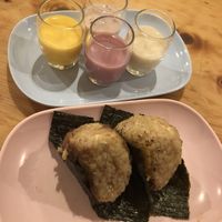 Onigiri and a flight of little yogurt digestive drinks  at Obon Shokudo in Portland