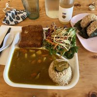 Curry katsu, onigiri, and ume drink! at Obon Shokudo in Portland