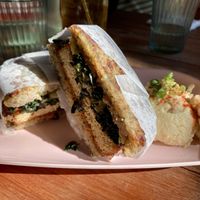 Katsu burger with potato salad - unique and tasty!  at Obon Shokudo in Portland