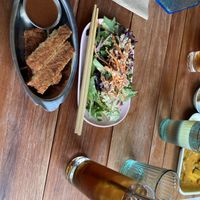 Tofu katsu and salad with hogicha teaa  at Obon Shokudo in Portland