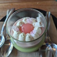Seasonal matcha Sakura Panna cotta. at Obon Shokudo in Portland