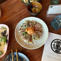 Okonomiyaki with house kimchi  at Obon Shokudo in Portland