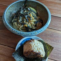 Lobster Mushroom Noodle Special, and Yuzu Pumpkin Miso onigiri at Obon Shokudo in Portland