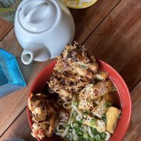 Tempura udon and tea  at Obon Shokudo in Portland