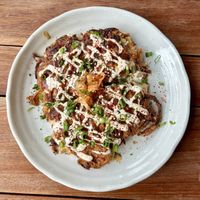 Okonomiyaki with kimchi  at Obon Shokudo in Portland