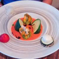 Zucchini flowers stuffed with tabbouleh, gazpacho of tomato and strawberry at Sense Eat in Paris