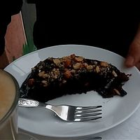 chocolate cake and gallau at Veganeats Caffe in Lisbon