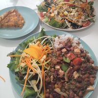 Salad with tofu. Rice with beans, tofu, and salad. at Veganeats Caffe in Lisbon