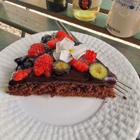 Chocolate cake,  with peanuts substituted with fruit at Veganeats Caffe in Lisbon