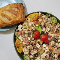 Smoked tofu salad and ham and cheese puff pastry at Veganeats Caffe in Lisbon