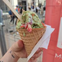 matcha halva icecream on soymilk base with strawberry topping at N'Ice Cream Factory in Warsaw