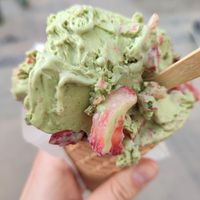 matcha halva icecream on soymilk base with strawberry topping at N'Ice Cream Factory in Warsaw
