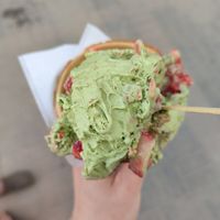 matcha halva icecream on soymilk base with strawberry topping at N'Ice Cream Factory in Warsaw