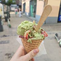 matcha halva icecream on soymilk base with strawberry topping at N'Ice Cream Factory in Warsaw