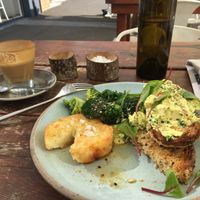 Scramble tofu with hash brown,broccoli in miso & spinach  at Round Bird in Lilydale