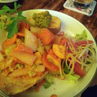 Baked potato with 'chili' (which turns out to be veggies with sweet chili sauce) at Kartoffelhaus in Eisenach