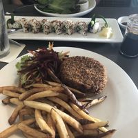 Veg burger, vegan roll (with fiddlehead!), side salad  at Hilo Bay Cafe in Hilo