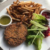 Vegan taro quinoa burger at Hilo Bay Cafe in Hilo