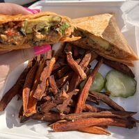 Poco loco vegan burger with sweet potato fries   at Crazy Burger in Narragansett