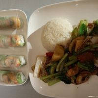 Spring rolls and stir fry at Loving Hut in Fairfield