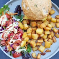 burger + potato cubes at Funky Jungle in Mechelen