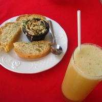 This bread and slaw is served before every meal. It's really good, but hard to eat. The candela, a rum cocktail with orange juice and lots of ginger, is not the be missed. at La Berenjena in Vinales