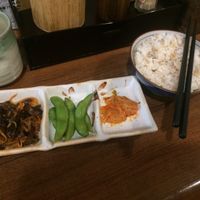 Sidedishes (woodear, edamame, kimchi) and rice at Qiu Dou Ru La Mien - Hagi Soymilk Ramen in Kaohsiung