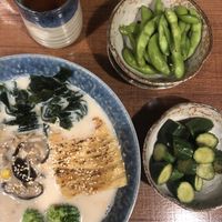 Soy milk ramen, edamame & pickled cucumbers.  at Qiu Dou Ru La Mien - Hagi Soymilk Ramen in Kaohsiung