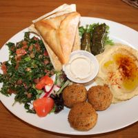 Pita Plate Sampler {Vegan}: Hummus, Tabouli, Grape Leaves, Falafel, and Spinach Pie. at Pita Plate in Morehead City
