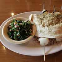 Vegetarian Platter {Vegan}: Two skewers of marinated vegetables served with rice, marinated pita bread, and tabouli. at Pita Plate in Morehead City