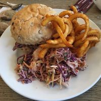 Burger with Slaw and Curly Fries  at Cafe Kino in Bristol