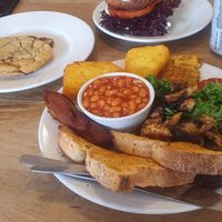 Garlic "chicken" burger, large all day breakfast and a choc chip cookie at Cafe Kino in Bristol