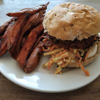 BBQ burger with sweet potato chips at Cafe Kino in Bristol