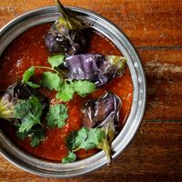 Bengali Aubergine curry. Soft aubergine in a light tomato sauce at Thali Cafe - Montpelier in Bristol