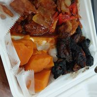 BBQ soy with candied sweet potatoes and fried plantains (they look burnt but taste great) at Jamaicaway in Nashville