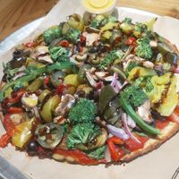 Extra, extra veggie pizza with balsamic drizzle, gluten free at Dells Pizza Lab in Wisconsin Dells