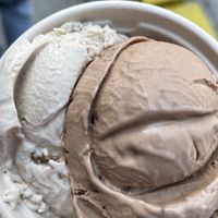 Split single scoop of walnut and mocha chip at Mr. Dewie's Cashew Creamery in Albany