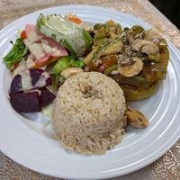 Quinoa patty, veggie salad, brown rice at La Bio Cafetta in Lima