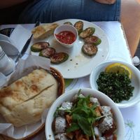 Falafel with vegetables, bread, fried zucchini at Falafel in Sarajevo