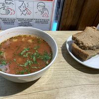 Seasonal vegetable borscht soup and whole grain bread at Vyro Raw & Vegan Bistro in Bucharest
