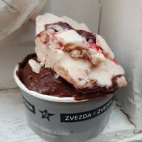 Half-half: sacher and hazelnut at Zvezda's Ice Cream in Ljubljana